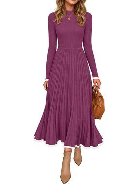 🆕 Women's Plum Purple Ribbed Knit Long Sleeve Pleated A-Line Midi Dress Trim